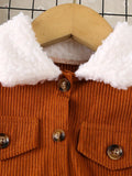 Brown corduroy jacket with white fleece lining on a hanger against a grid background