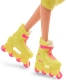 Barbie doll wearing yellow roller skates with pink accents on a white background
