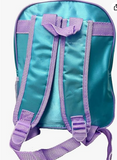 Teal backpack with purple straps and buckles on a white background