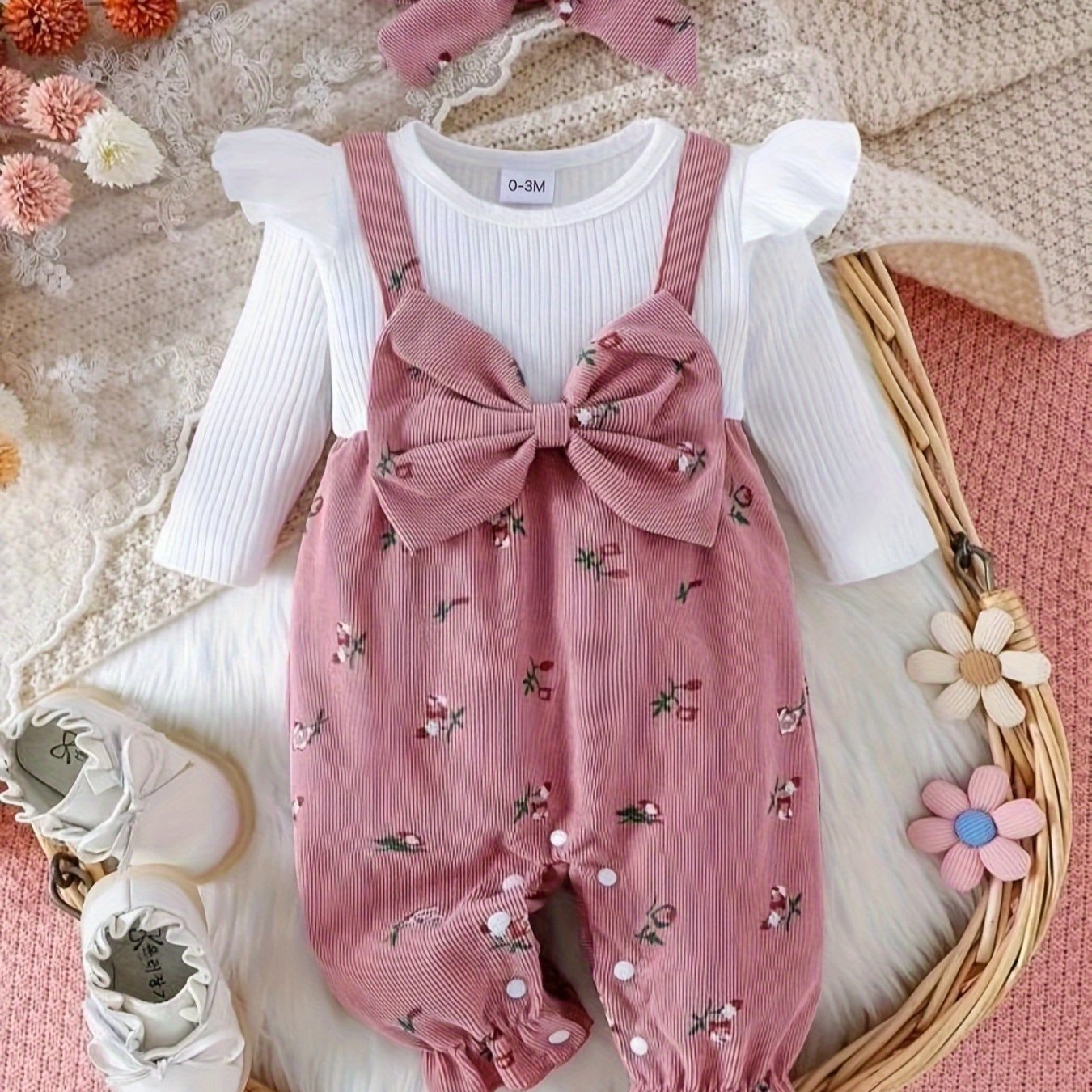 Baby outfit with pink romper and white shirt on a textured surface with flowers and a basket.