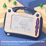 Dust-free painting magnetic drawing board with a purple pen on a blue surface.
