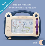 Small drawing board with handle and stylus on a blue background