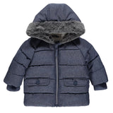 Blue children's puffer jacket with fur-lined hood on a white background