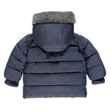 Blue puffer jacket with gray hood on a white background
