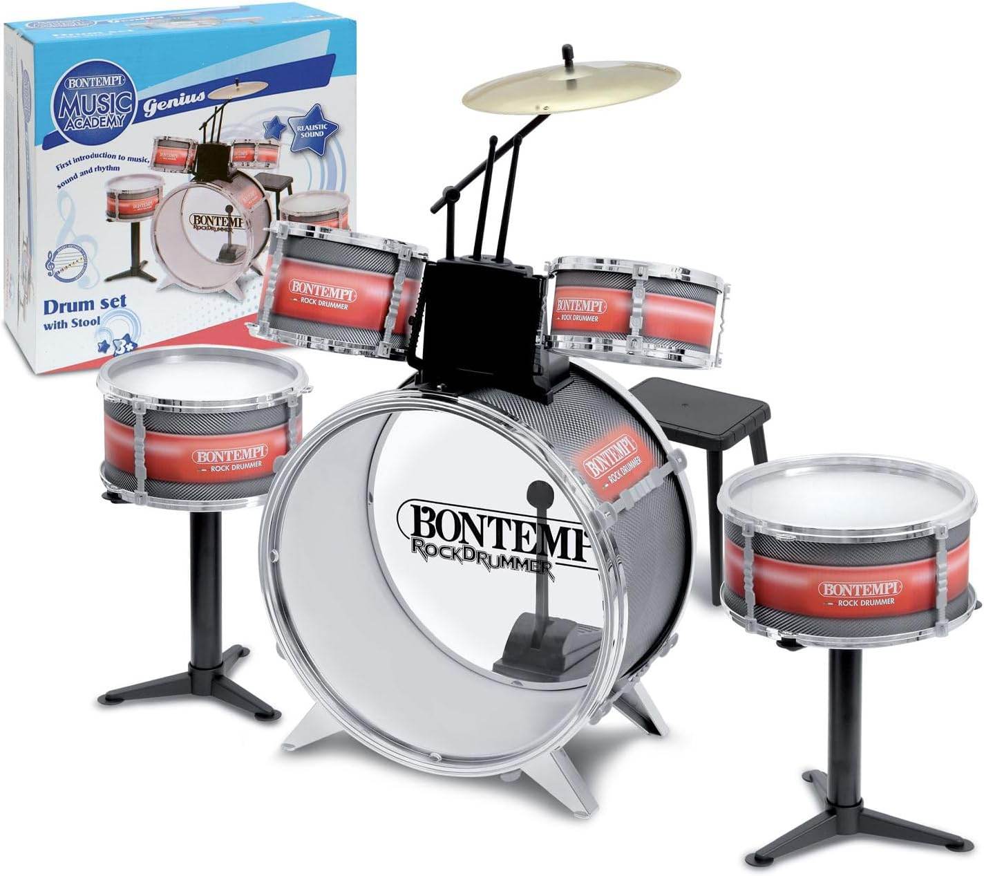 Bontempi 6-Piece Silver Kids Drum Set with Stool - Little Fashion