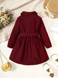 Maroon dress on a white surface with decorative elements
