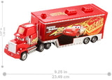 Red toy truck with a trailer featuring a character from Disney/Pixar's 'Cars' series, with dimensions displayed.