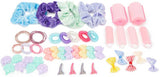 Assorted hair accessories including scrunchies, bands, and bows in pastel colors.