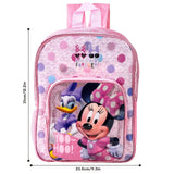 Pink backpack with Minnie Mouse and Daisy Duck design, dimensions indicated.