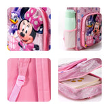 Pink Minnie Mouse backpack with water bottle holder and open compartment showing notebook and stickers.