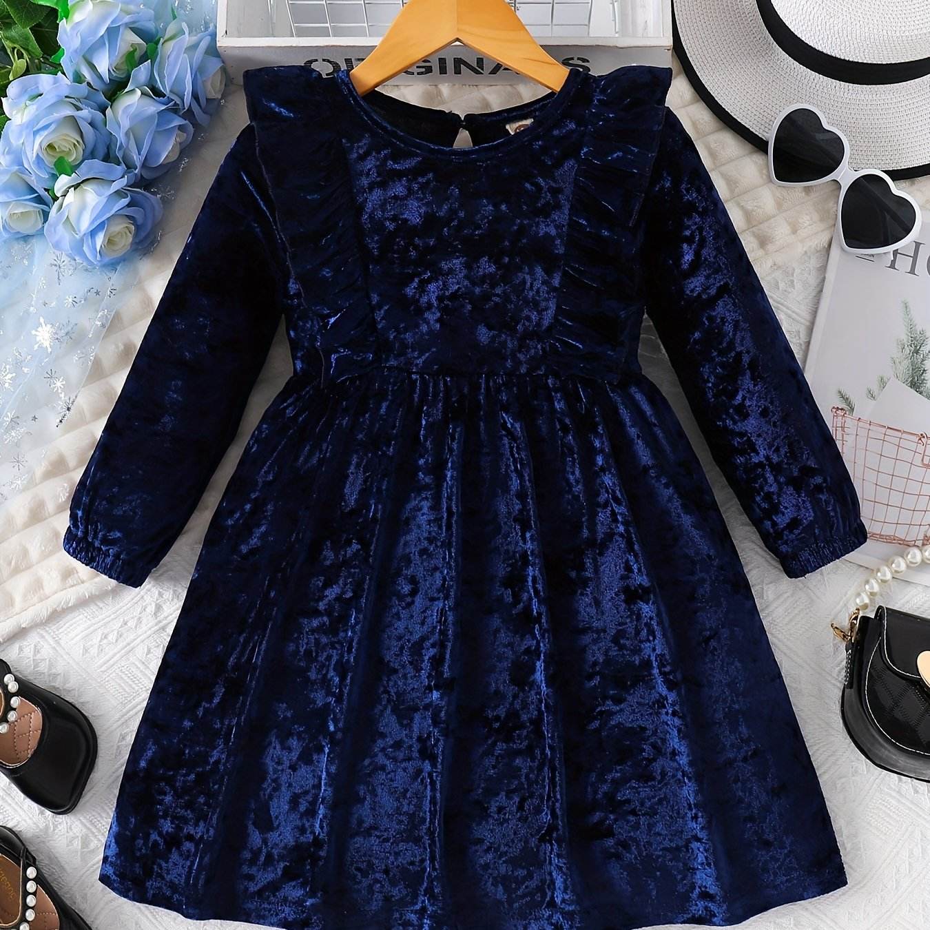 Chic Navy Blue Velvet Dress for Girls - Little Fashion