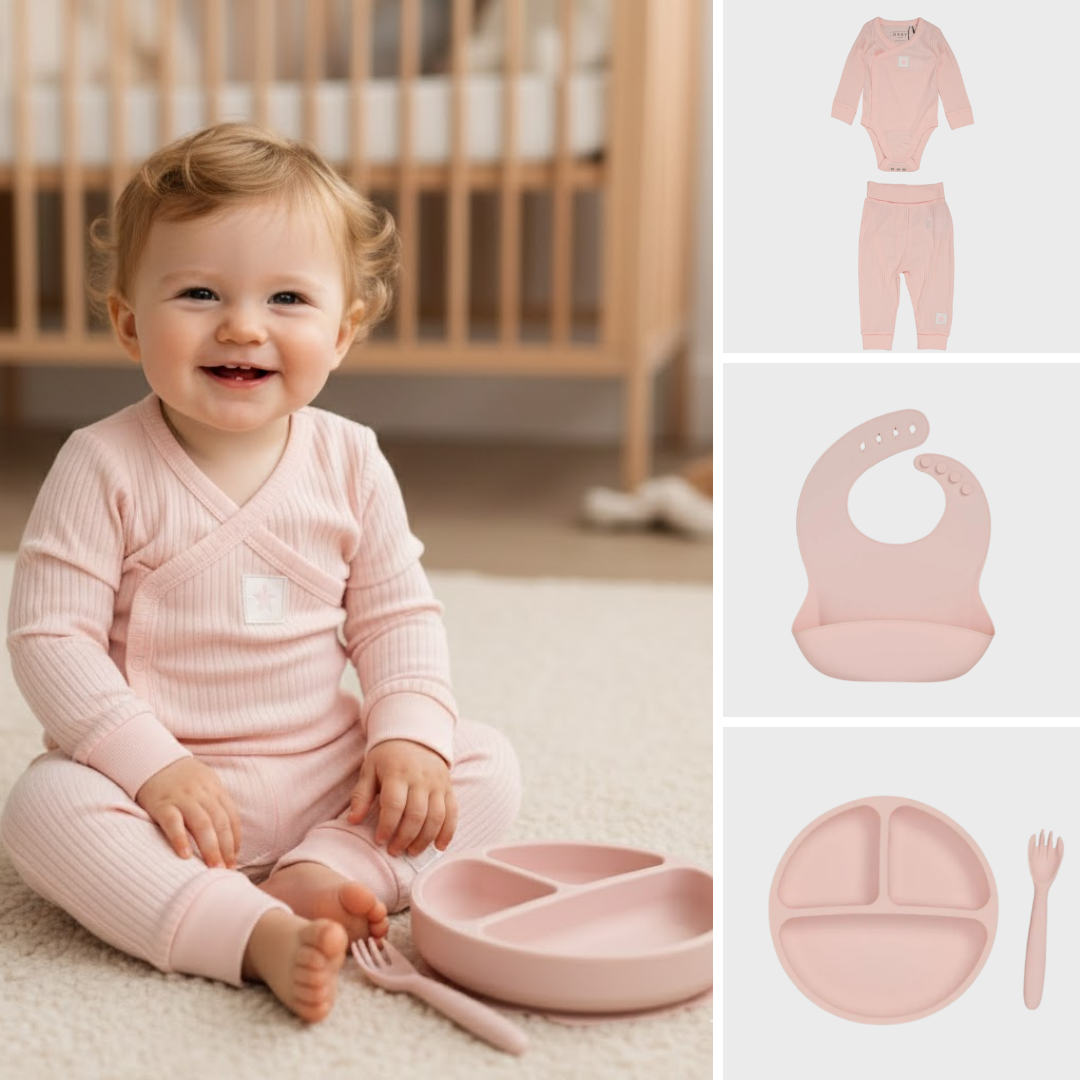 5pc Baby Pink Baby Bodysuit & Silicone Feeding Set (9-24M)
