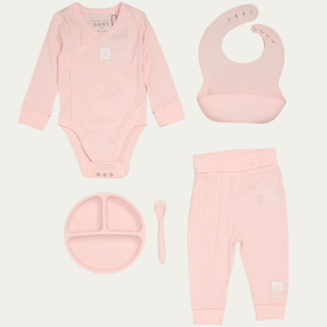 5pc Baby Pink Baby Bodysuit & Silicone Feeding Set (9-24M)