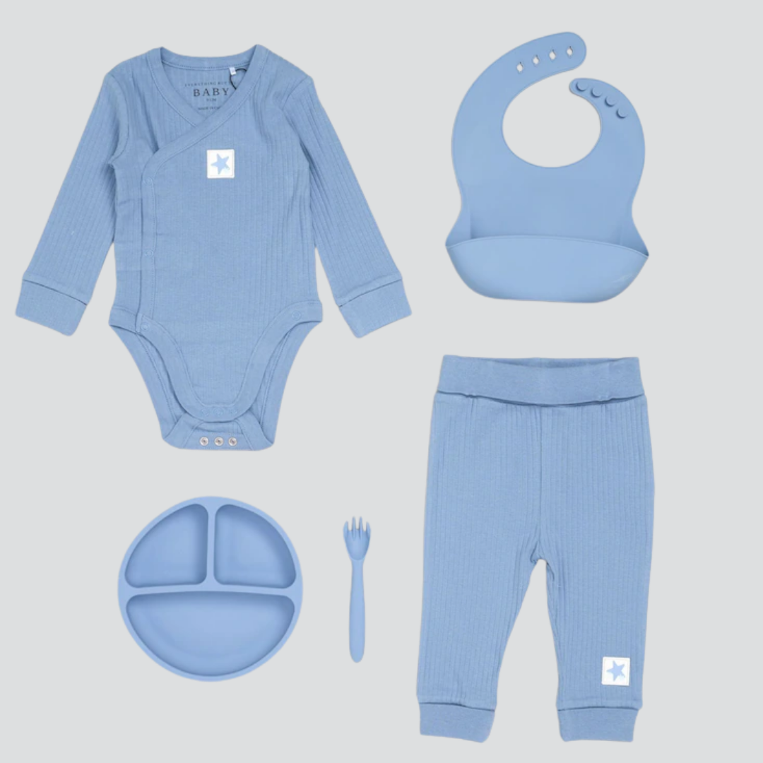 5pc Dusky Blue Baby Bodysuit & Silicone Feeding Set (9-24M)