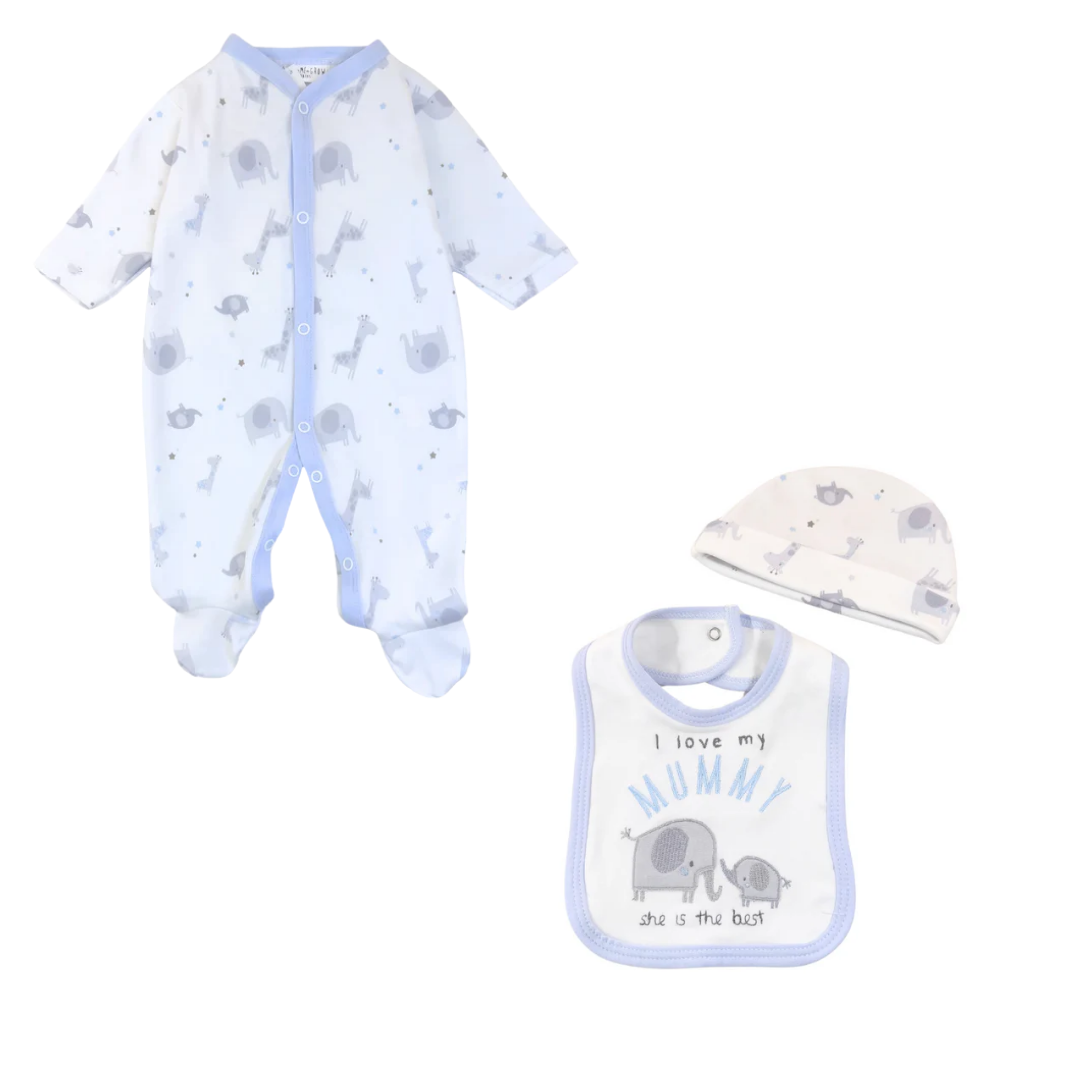 Blue Baby 3-Piece Romper, Bib & Hat Set (0-9M)