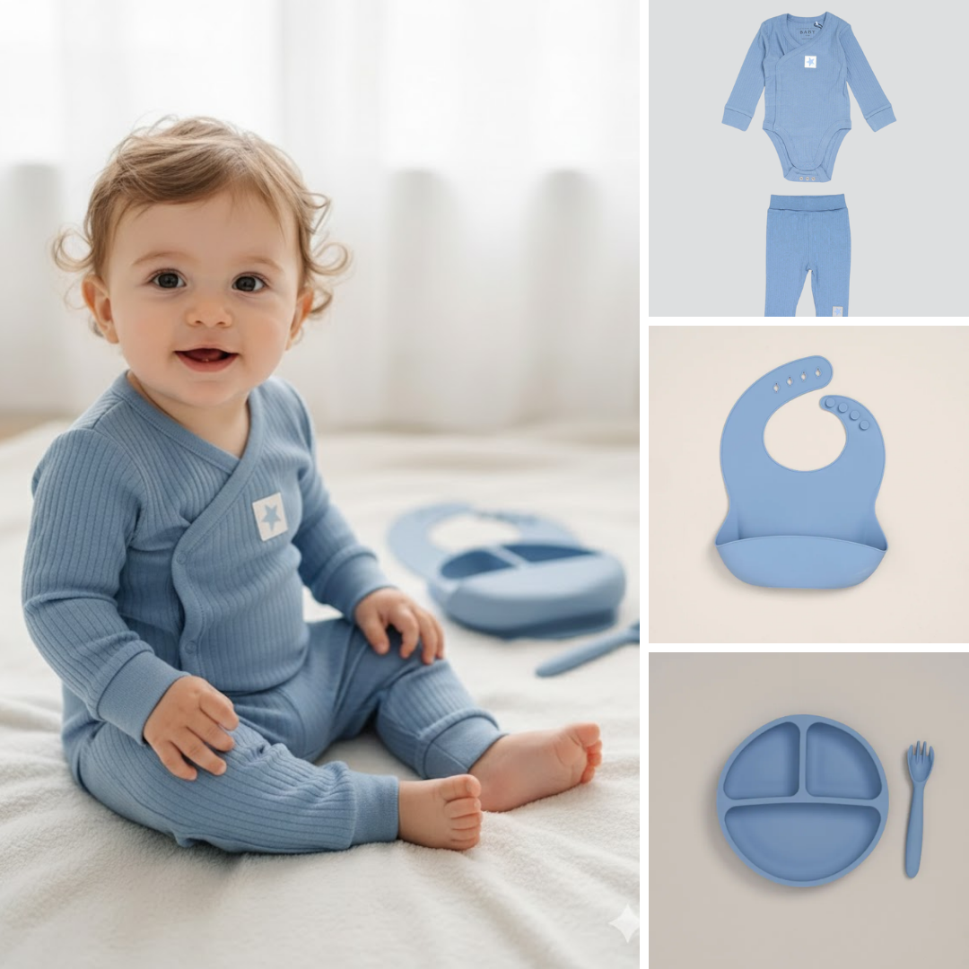5pc Dusky Blue Baby Bodysuit & Silicone Feeding Set (9-24M)