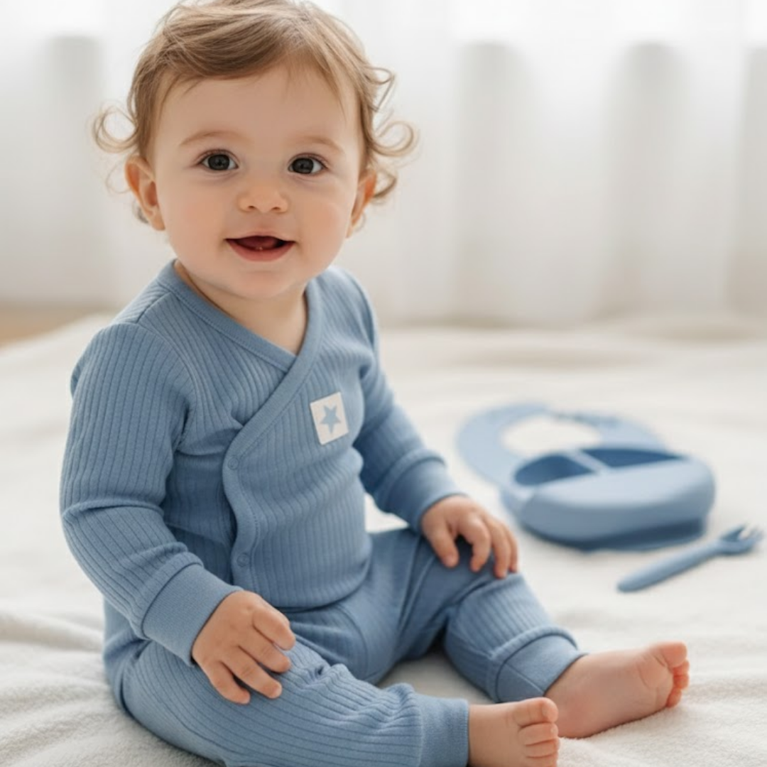 5pc Dusky Blue Baby Bodysuit & Silicone Feeding Set (9-24M)