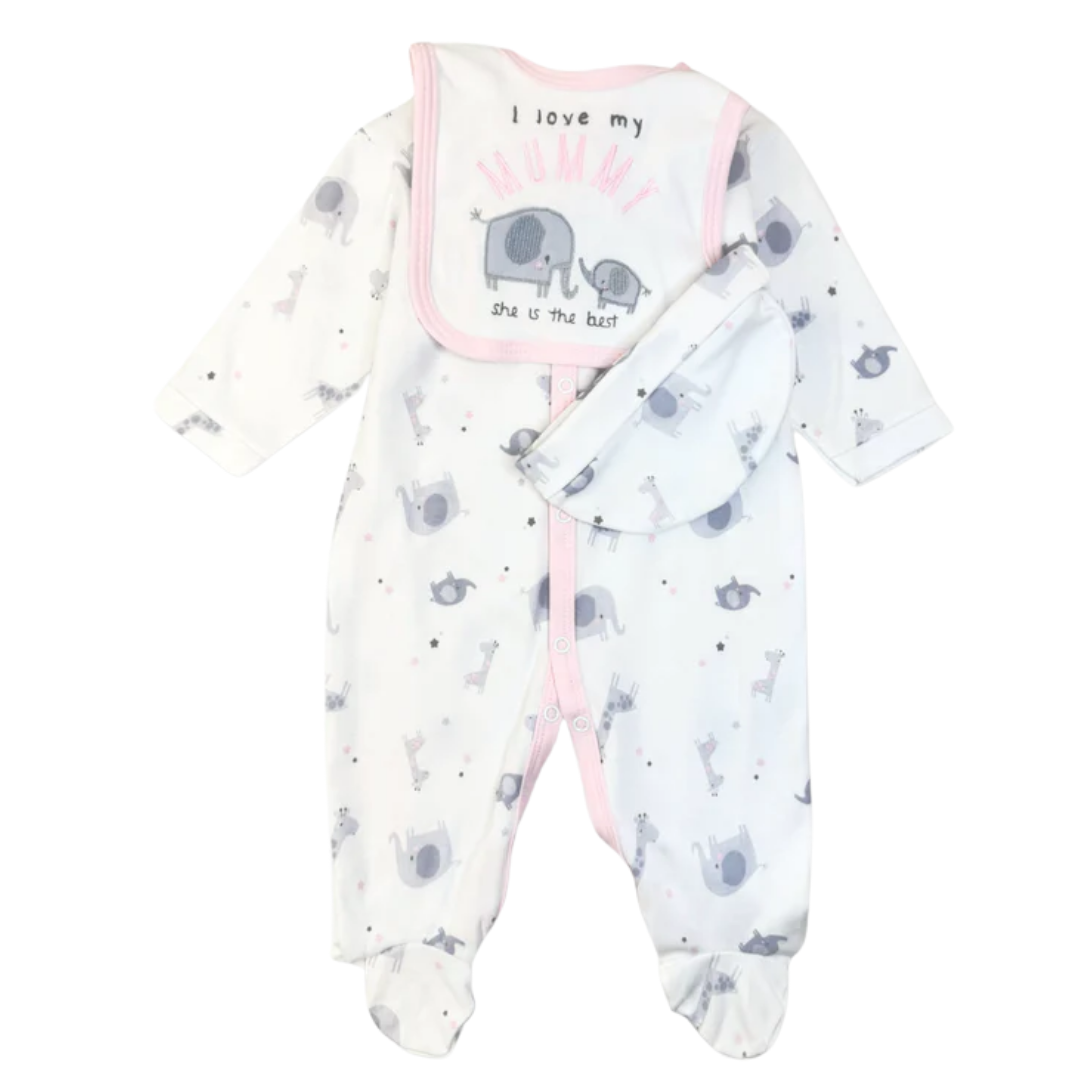 Baby onesie with elephant pattern and matching bib on a white background