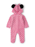 Pink baby snowsuit with white heart pattern and black ear accents on a white background