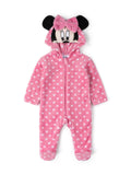 Pink baby snowsuit with Minnie Mouse design on a white background