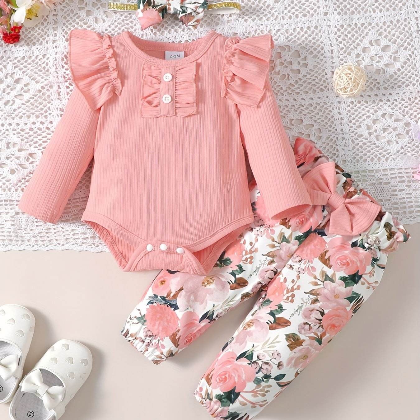 Cute 3pc Baby Floral/Leopard Romper & Headband - Little Fashion