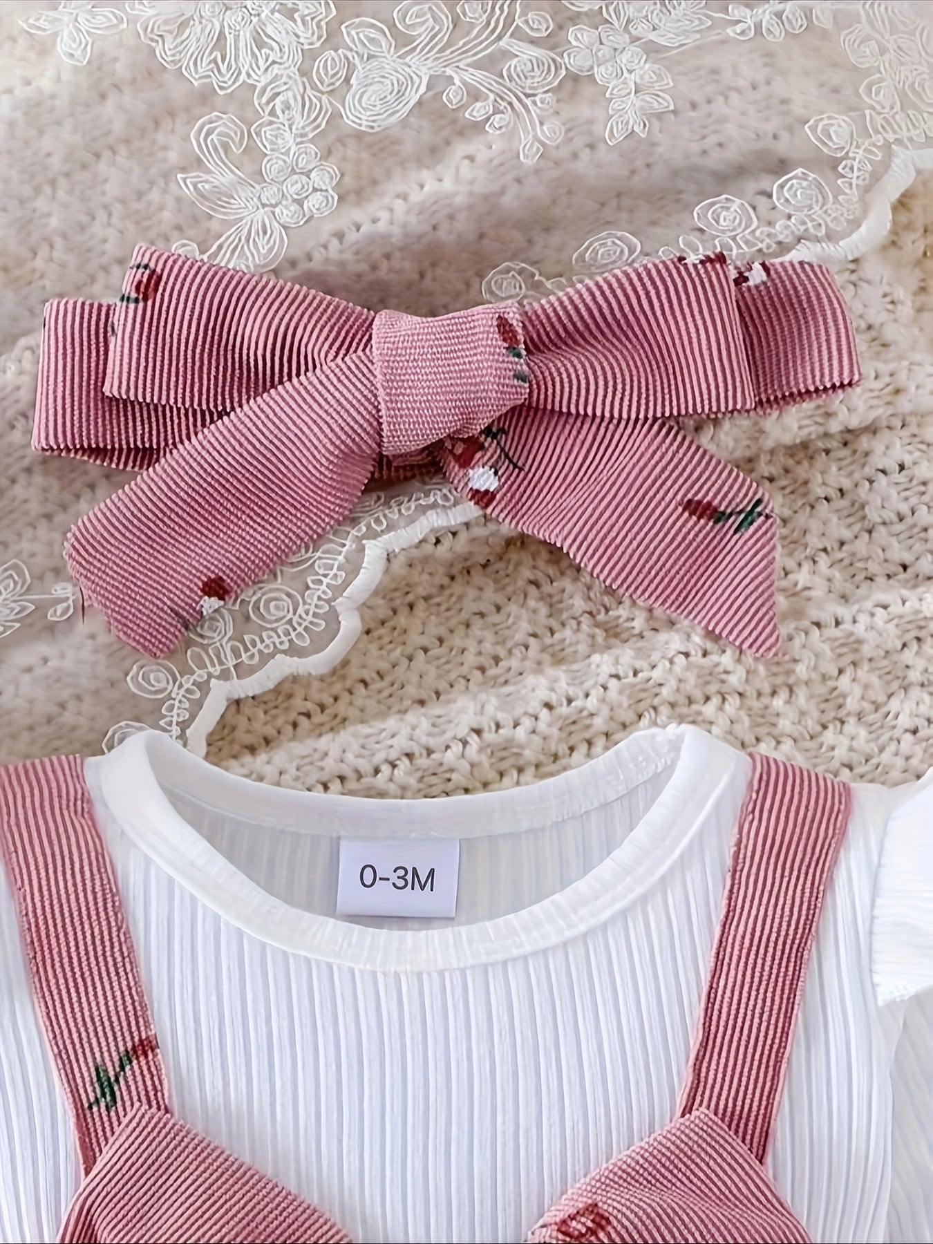 White baby dress with red striped straps and a matching bow on a textured surface.