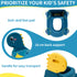 Blue and yellow safety product with features highlighted on a blue background