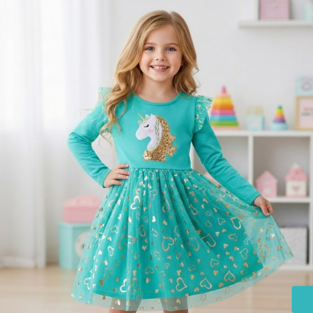 Girls' Long Sleeve Unicorn Princess Dress for 4–8 Year Olds
