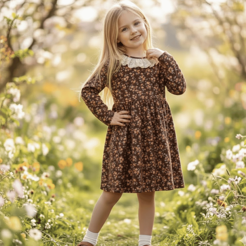 Young girl in a floral dress standing in a garden with blurred background