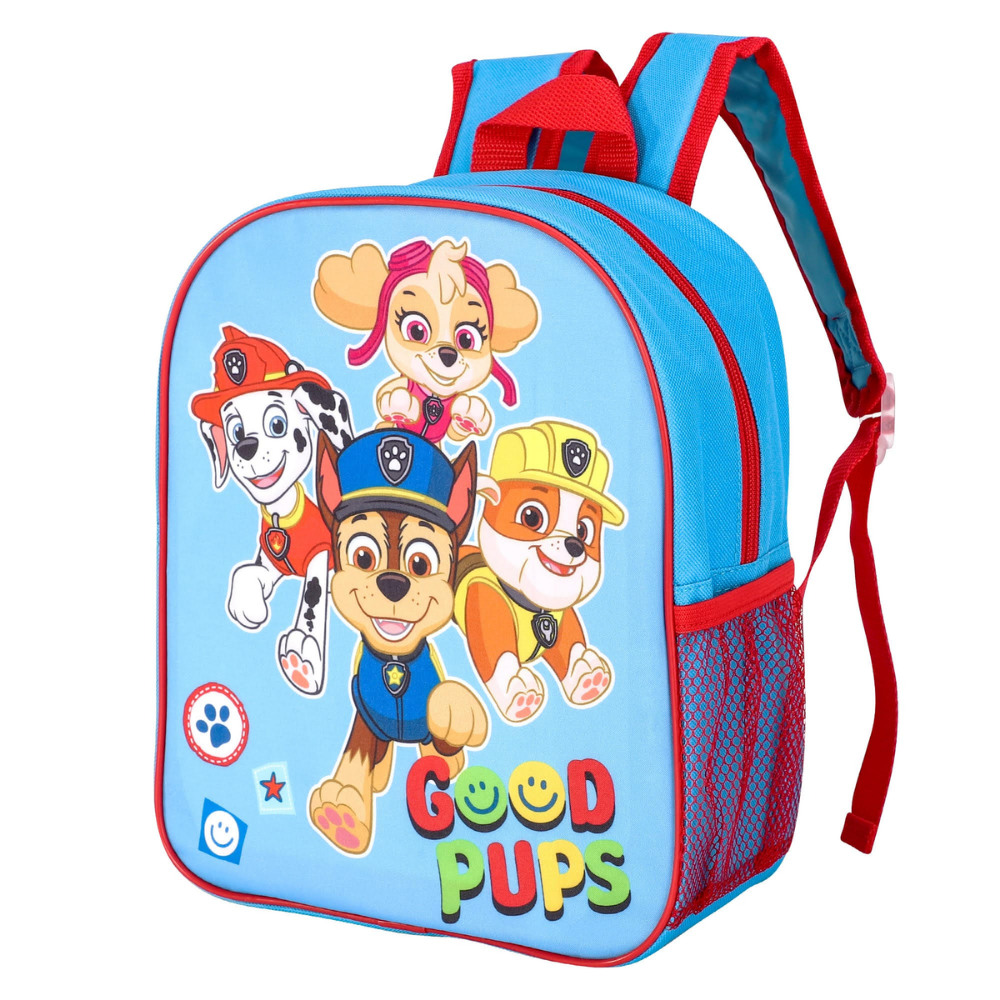 Children's backpack with cartoon characters and 'Good Pups' text on a blue background
