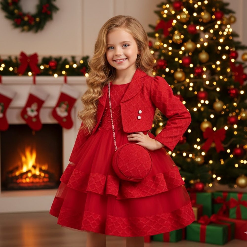 Girls 3 Piece Red Christmas Dress with Bag