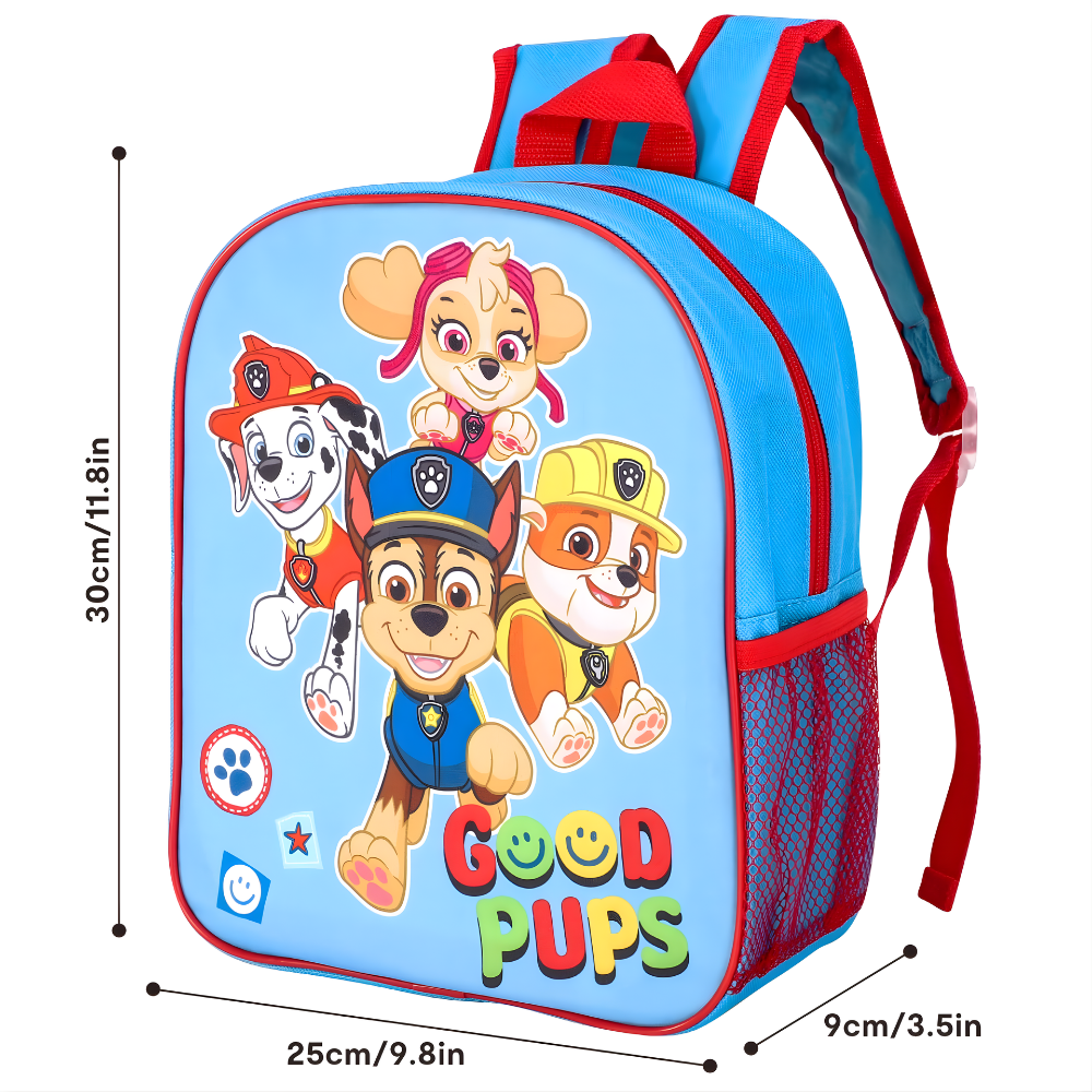 Children's backpack with cartoon characters and 'Good Pups' text, shown with measurements.