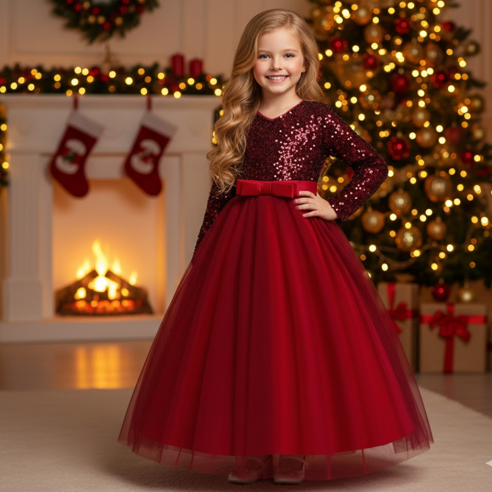 Young girl in a red dress standing in front of a Christmas tree and fireplace.