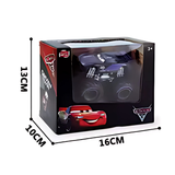 Toy car packaging with dimensions on a white background