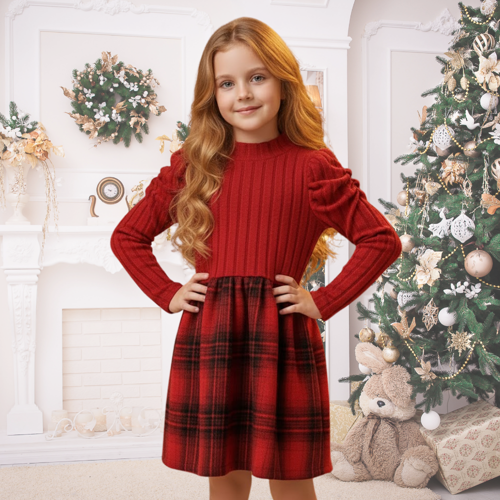 Girls' Plaid Puff Sleeve Knit Dress