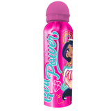 Pink water bottle with character design and 'Girl Power' text on a white background