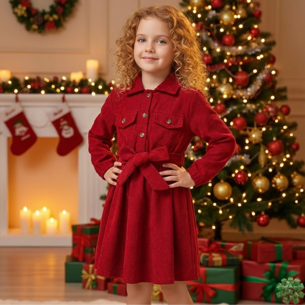 Young girl in a red dress standing in front of a Christmas tree and fireplace.