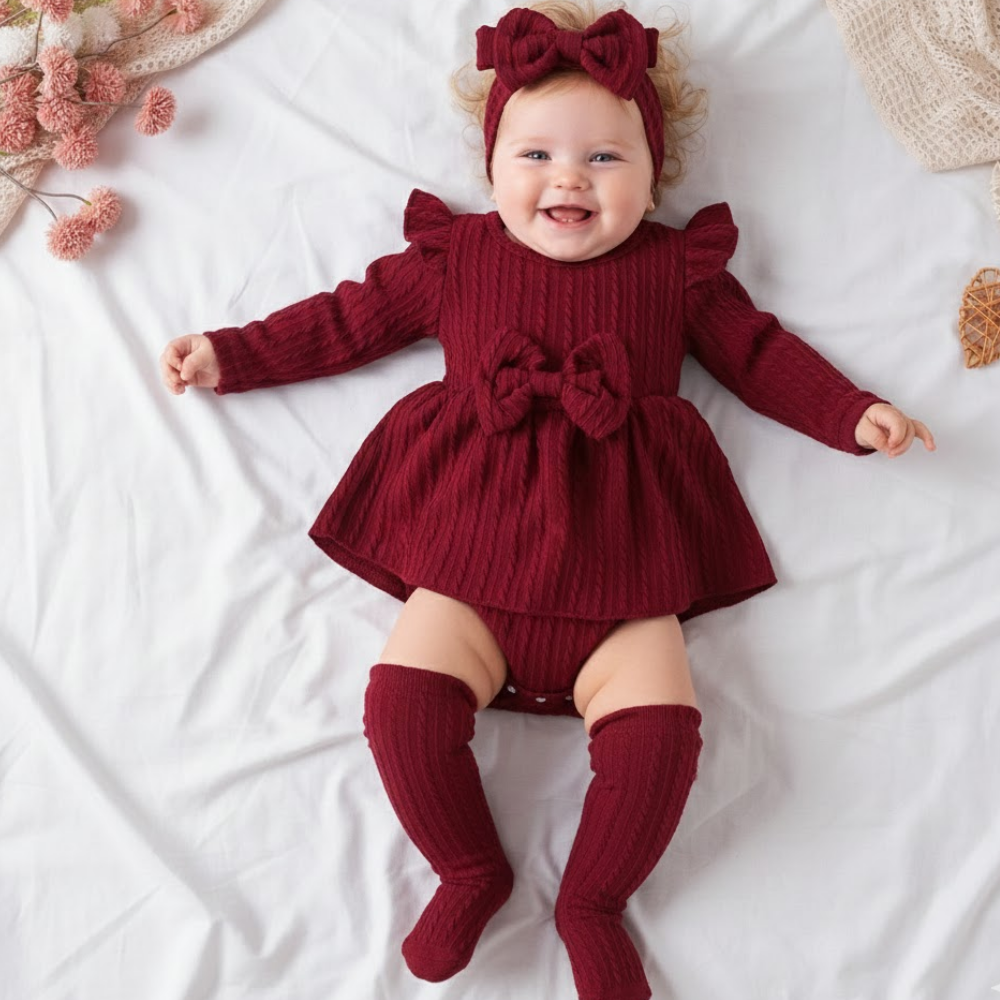 3pc Baby Girl Ribbed Dress, Socks & Headband