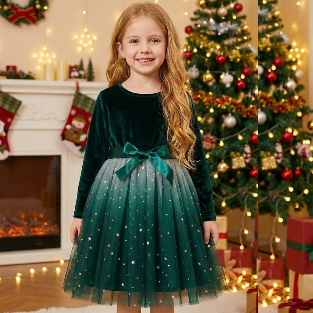 Girls' Elegant Velvet Green Christmas Party Dress