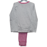 Gray long-sleeve top and pink pants on a hanger against a white background