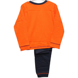Orange long-sleeve shirt and navy pants set on a white background