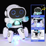 Toy robot with LED lights and dancing capabilities on a dark background