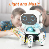 Toy robot with light and music effects on a blurred background of two people.
