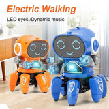 Two toy robots, one orange and one blue, with LED eyes and dynamic music on a light background.
