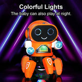 Orange robot toy with colorful lights on a dark background