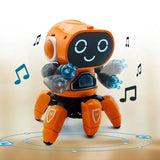 Orange robot toy with music notes on a beige background