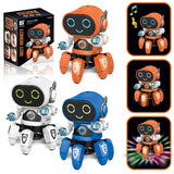 Toy robots in orange, white, and blue with packaging and images on a white background