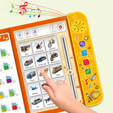 Children's educational toy with buttons and a hand interacting with it on a light beige background.