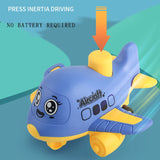 Toy airplane with press inertia driving feature on a blue background