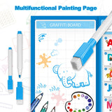 Multifunctional painting page with graffiti board, markers, and drawing tools on a white background.